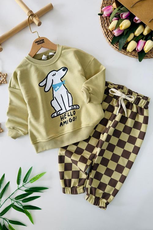Miniğimin Cicileri Hello Amigo Köpek Baskılı Dama Detaylı Erkek Çocuk Takım - Yeşil