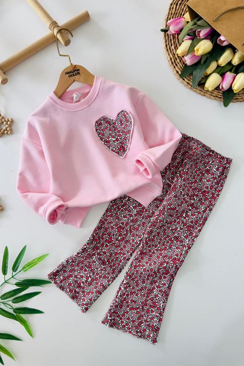 Miniğimin Cicileri Kalp Detaylo Çiçek Desenli Kız Çocuk 2 li Takım - Pembe