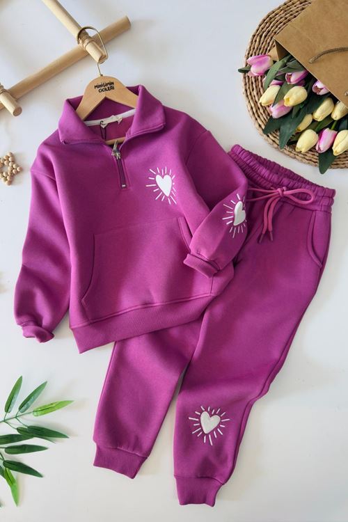 Miniğimin Cicileri Kalp İşleme Detaylı Kışlık Kanguru Cepli Kız Çocuk Takım - Mor