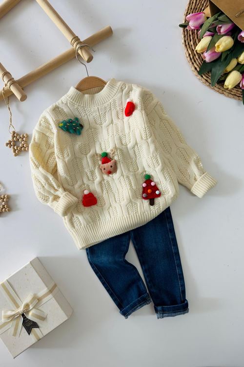 Miniğimin Cicileri Yılbaşı Konsepli Taytlı Triko Unisex Çocuk Takım - Krem