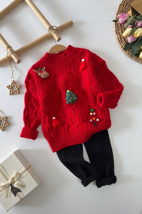 Miniğimin Cicileri Yılbaşı Konsepli Taytlı Triko Unisex Çocuk Takım - Kırmızı