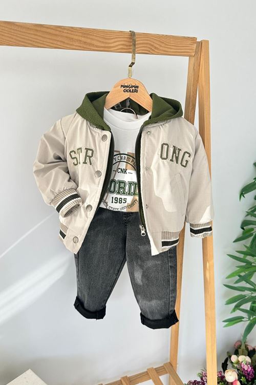 Miniğimin Cicileri Strong Baskı Montlu 3 lü Erkek Çocuk Takım - Bej