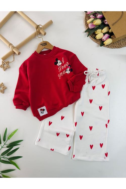 Miniğimin Cicileri Love You Mnn Kalp Desenli Kız Çocuk Takım - Kırmızı
