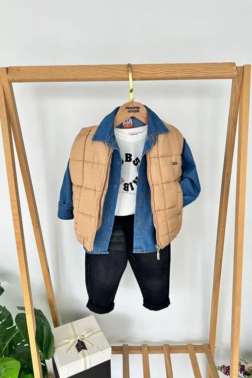 Miniğimin Cicileri Şişme Yelekli Tencel Gömlekli Erkek Çocuk 4 lü Kombin - Camel