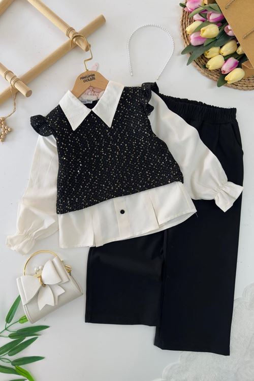 Miniğimin Cicileri Pullu Triko Detaylı Kız Çocuk 2 li Takım - Siyah