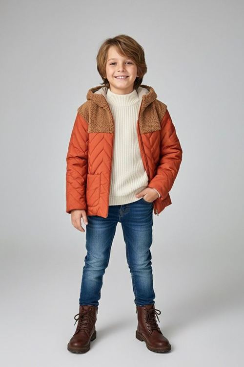 Miniğimin Cicileri Kapitoneli, Welsoft Detaylı Erkek Çocuk Mevsimlik Mont - Kiremit