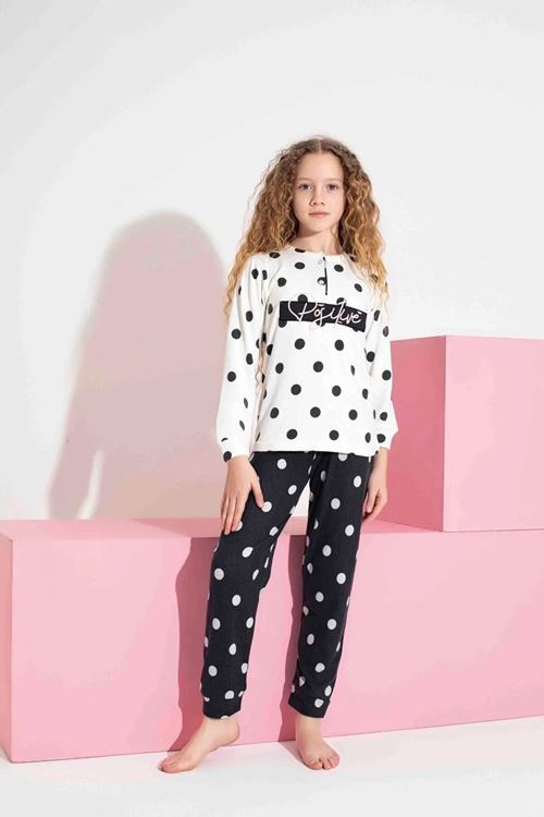 Miniğimin Cicileri Termal Kumaş Puantiye Desenli Kız Çocuk Pijama Takımı - SiyahBeyaz