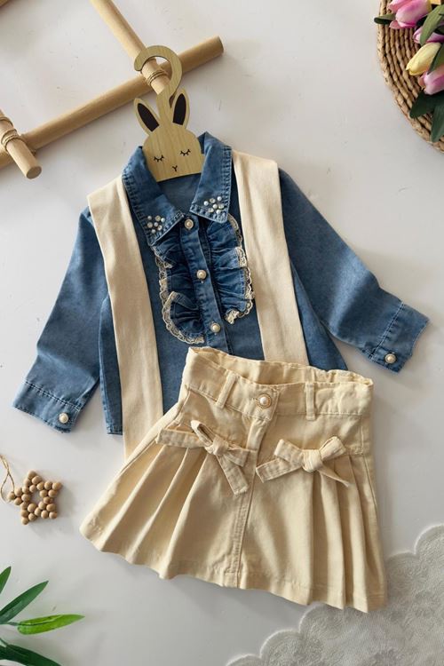 Miniğimin Cicileri İnci Detaylı Kot Gömlek ve Pileli Etek 3 lü Kız Takımı  - Krem