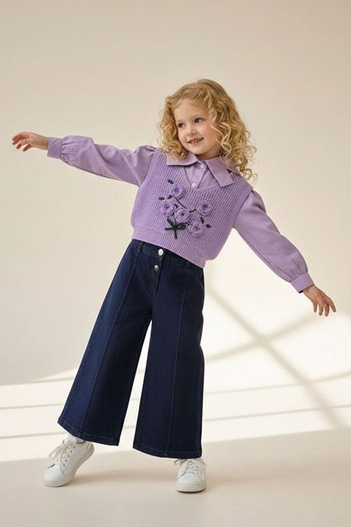 Miniğimin Cicileri Çiçek Detaylı Örgü Süveterli 3 lü Kız Çocuk Takım - Mor