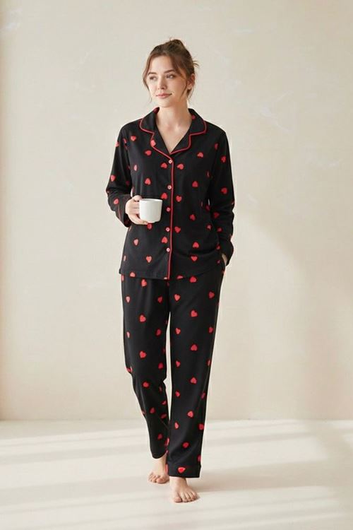 Miniğimin Cicileri Kalp Desenli Süet Anne Pijama Takımı - Siyah