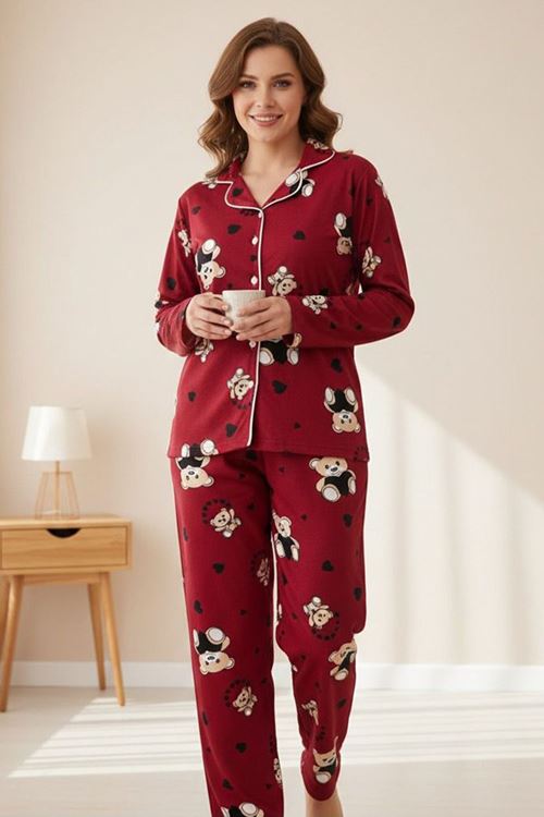 Miniğimin Cicileri Ayıcık Kalp Desenli Süet Anne Pijama Takımı - Bordo