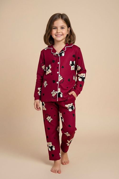 Miniğimin Cicileri Ayıcık Kalp Desenli Süet Kız Çocuk Pijama Takımı - Bordo