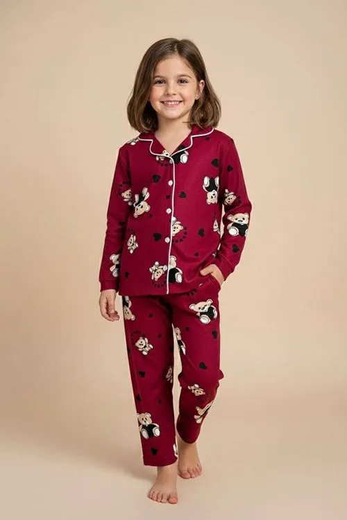 Miniğimin Cicileri Ayıcık Kalp Desenli Süet Kız Çocuk Pijama Takımı - Bordo