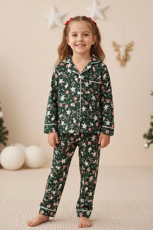 Miniğimin Cicileri Yılbaşı Kardanadam  Desenli Süet Kız Çocuk Pijama Takımı - Yeşil