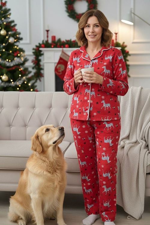 Miniğimin Cicileri Geyik  Desenli Süet Anne Pijama Takımı - Kırmızı