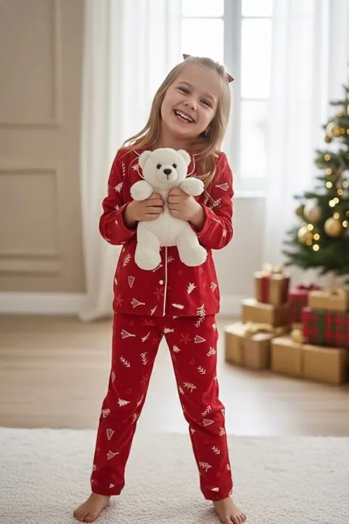 Miniğimin Cicileri Çam Ağacı  Desenli Süet Kız Çocuk Pijama Takımı - Kırmızı