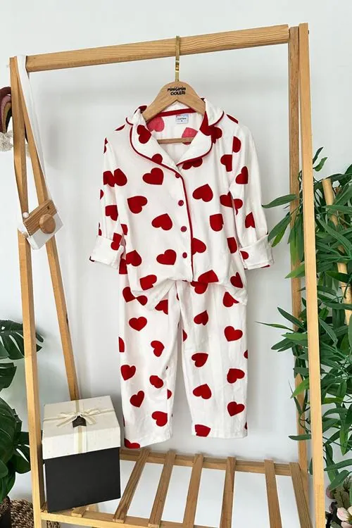 Miniğimin Cicileri Kalp  Desenli Süet Kız Çocuk Pijama Takımı - Beyaz