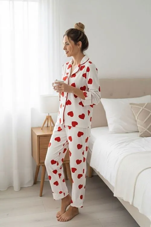Miniğimin Cicileri Kalp  Desenli Süet Anne Pijama Takımı - Beyaz