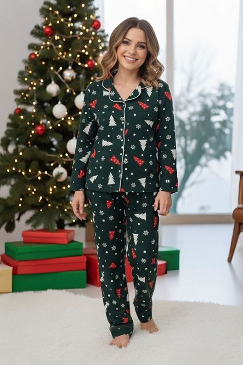 Miniğimin Cicileri Kartanesi Çam Desenli Süet Anne Pijama Takımı - Yeşil