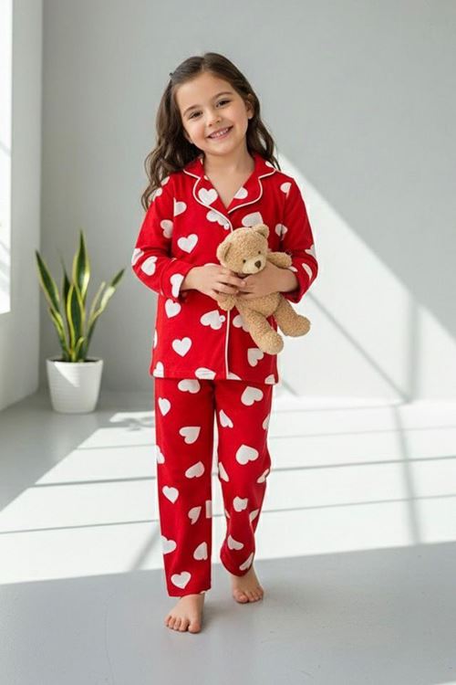 Miniğimin Cicileri Kalp Desenli Süet Kız Çocuk Pijama Takımı- Kırmızı
