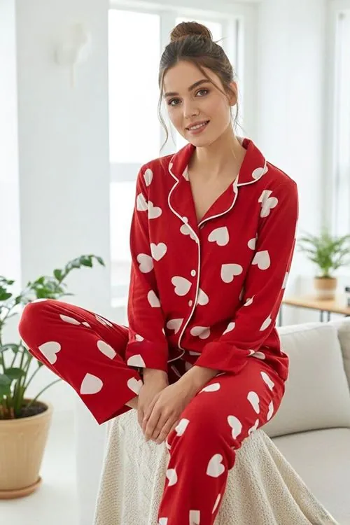 Miniğimin Cicileri Kalp Desenli Süet Anne Pijama Takımı- Kırmızı
