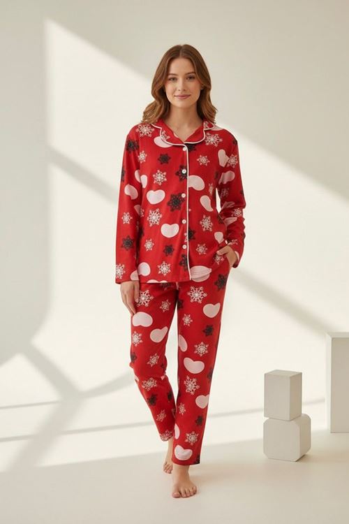 Miniğimin Cicileri Kalp Kar Tanesi ç Desenli Süet Anne Pijama Takımı - Kırmızı