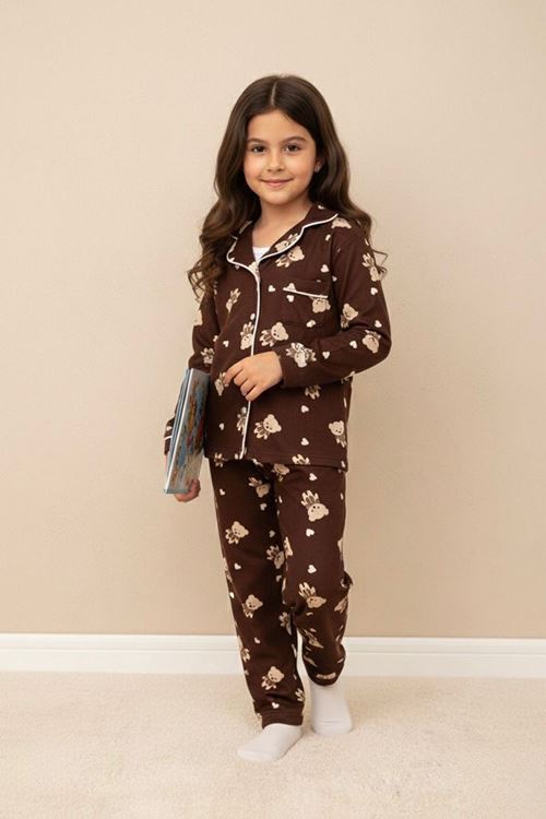 Miniğimin Cicileri Ayıcık  Desenli Süet Kız Çocuk Pijama Takımı - Acı Kahve