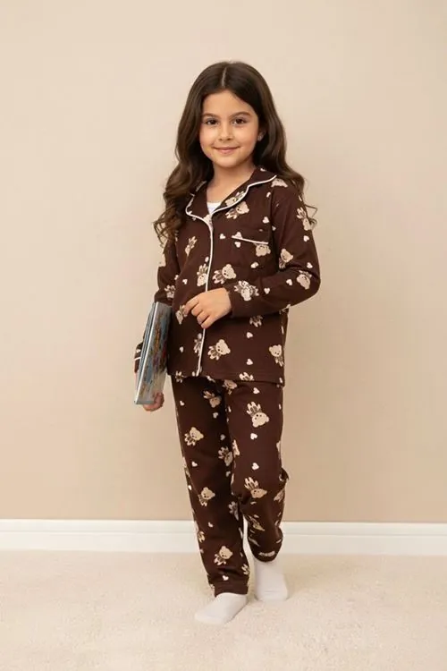 Miniğimin Cicileri Ayıcık  Desenli Süet Kız Çocuk Pijama Takımı - Acı Kahve
