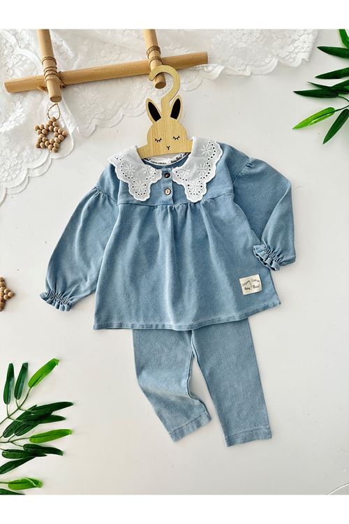 Miniğimin Cicileri BeBek Fisto Yakalı İnce Örme Kot 2 li Takım - Mavi