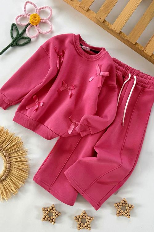Miniğimin Cicileri Fiyonk Detaylı Çimalı Kışlık Kız Çocuk 2 li Takım - Pembe