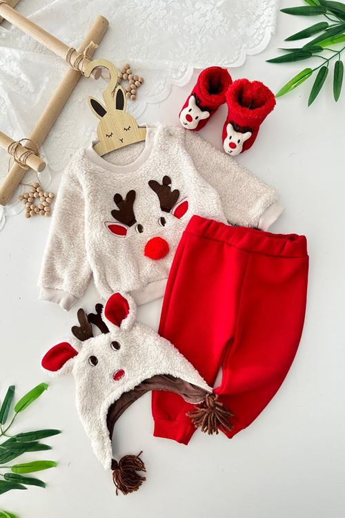 Miniğimin Cicileri Geyik Temalı Welsoft Bebek Unisex Yılbaşı 4 lü Takım - Kırmızı