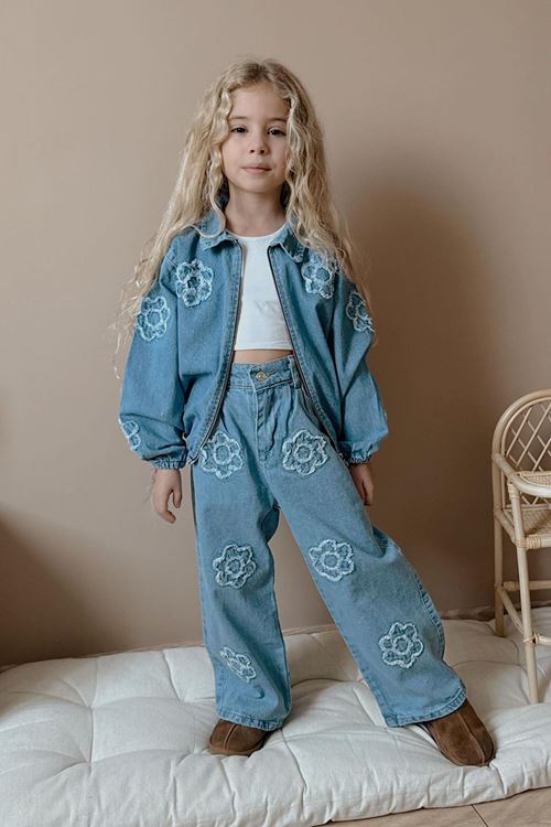 Miniğimin Cicileri Papatya Detaylı Kız Çocuk Kot 2 li Takım - Koyu Mavi