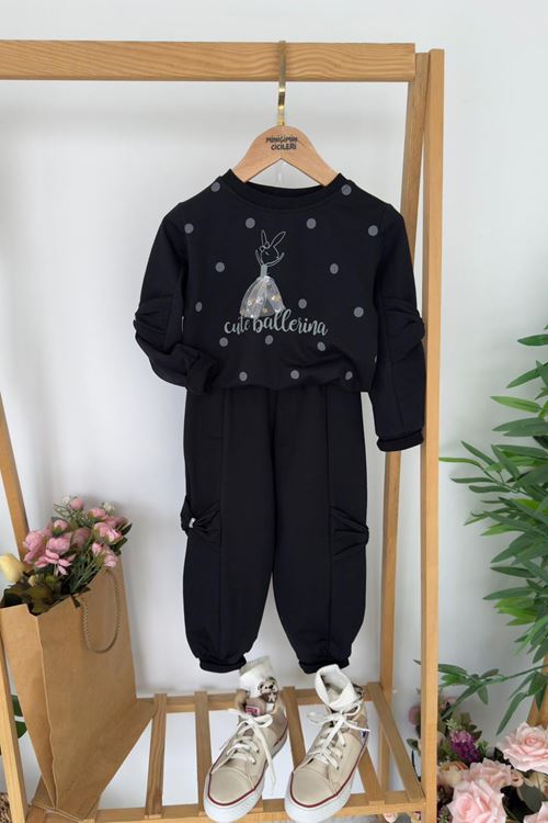 Miniğimin Cicileri Cute Balerina Desenki Fiyonk Detaylı Kız Çocuk 2 li Takım - Siyah