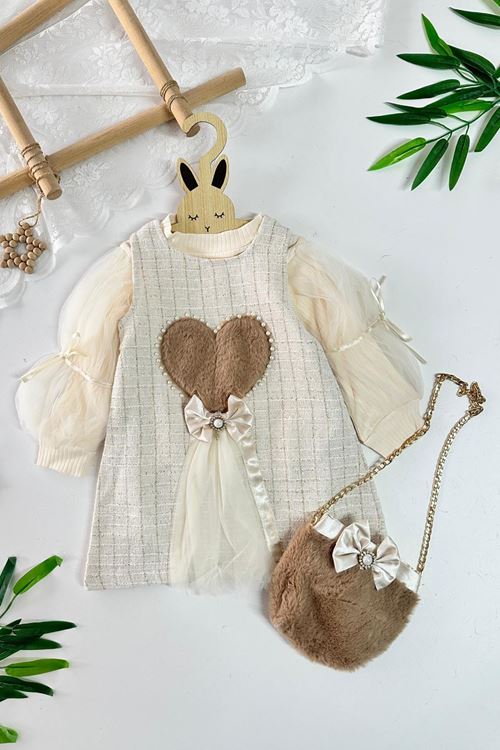 Miniğimin Cicileri Kalp Detaylı Tüllü Kız Çocuk Çantalı Elbise - Krem