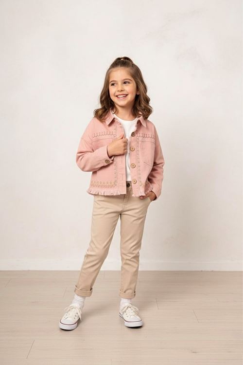 Miniğimin Cicileri (5-8 Yaş) Nakışlı Cepli Kız Çocuk Ceketli Takım - Pudra