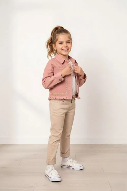 Miniğimin Cicileri (5-8 Yaş) Nakışlı Cepli Kız Çocuk Ceketli Takım - Pembe