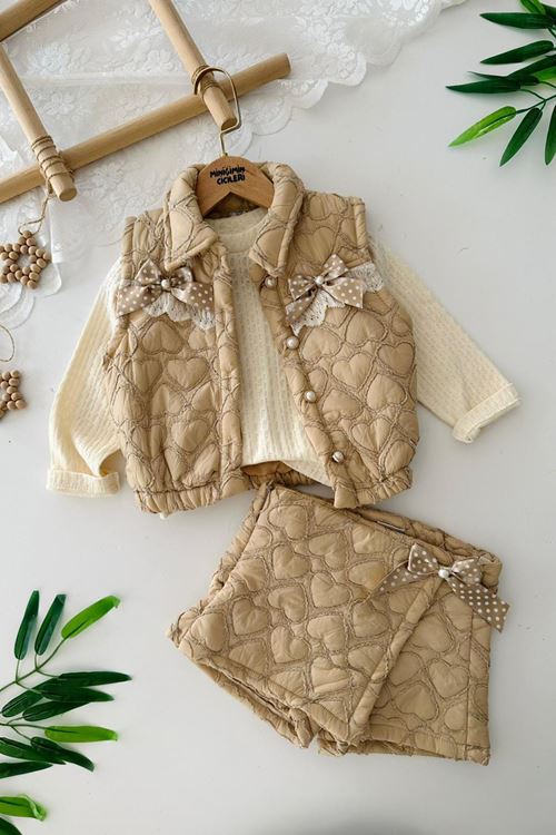 Minigimin Cicileri Kalp Kapitone Detaylı Fiyonklu 3 lü Takım - Kum Beji