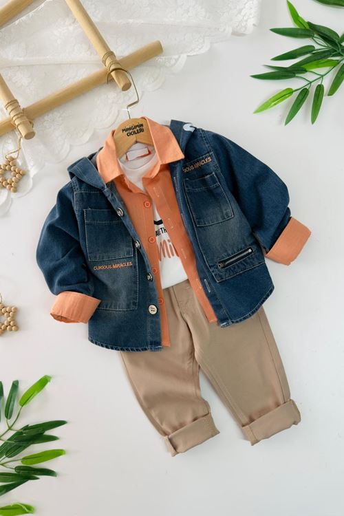 Miniğimin Cicilwri Smile Baskılı Kot Ceketlü 4 lü Erkek Çocuk Takım - Bej