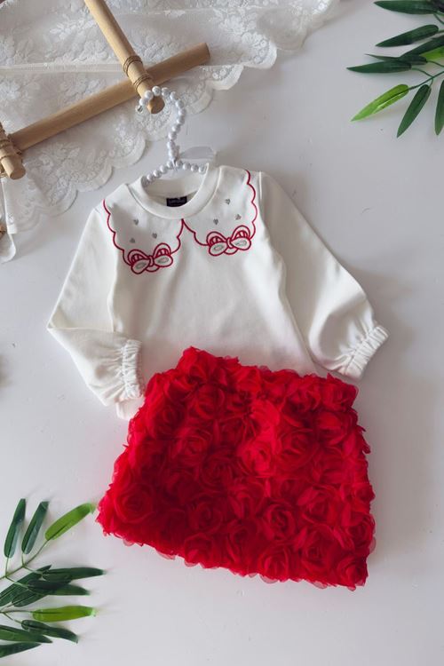 Miniğimin Cicileri Gül Desenli Yaka Nakışlı Kız Çocuk Takım - Kırmızı