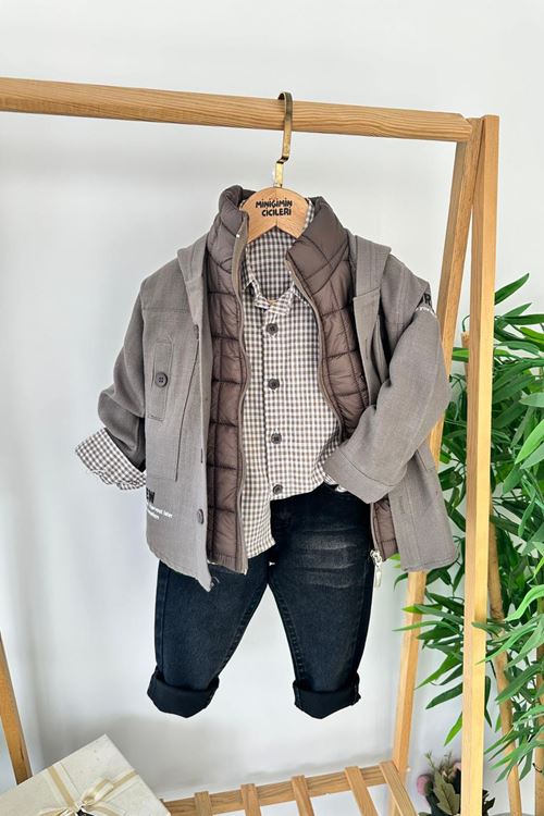 Miniğimin Cicileri Şişme Yelekli Kareli Gömlekli Erkek Çocuk 4 lü Takım - Toprak