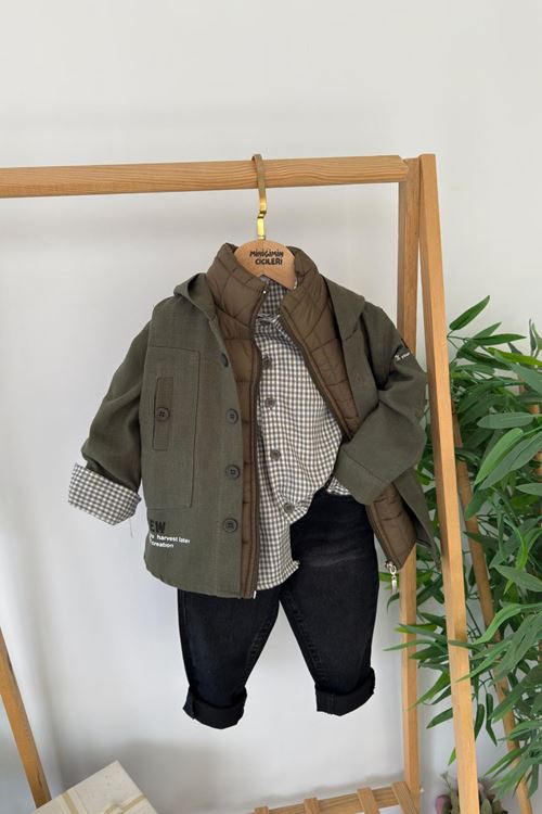 Miniğimin Cicileri Şişme Yelekli Kareli Gömlekli Erkek Çocuk 4 lü Takım - Haki