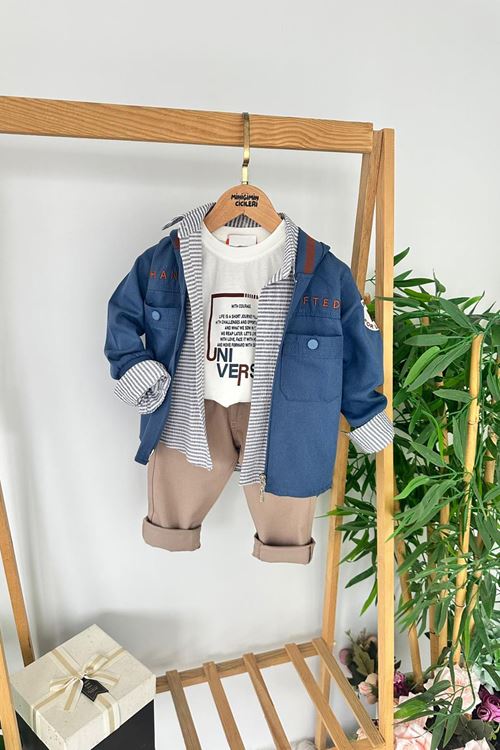 Miniğimin Cicileri Keten Ceketli Çizgili Gömlekli  Erkek Çocuk 4 lü Takım - indigo