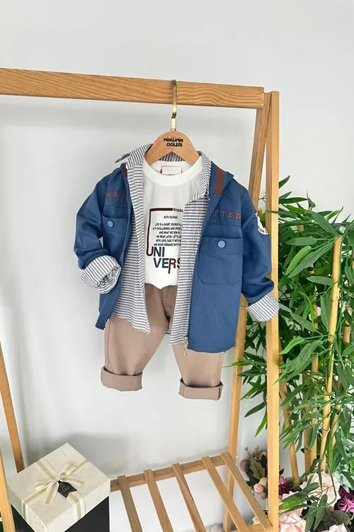 Miniğimin Cicileri Keten Ceketli Çizgili Gömlekli  Erkek Çocuk 4 lü Takım - indigo