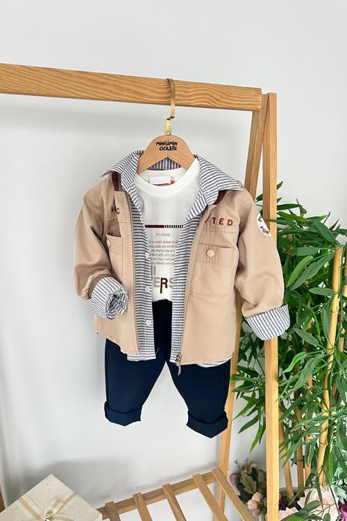 Miniğimin Cicileri Keten Ceketli Çizgili Gömlekli  Erkek Çocuk 4 lü Takım - Bej
