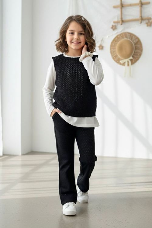 Miniğimin Cicileri Triko Örgü Süveterli Kız Çocuk Taşlı Taytlı 3 lü Takım - Siyah