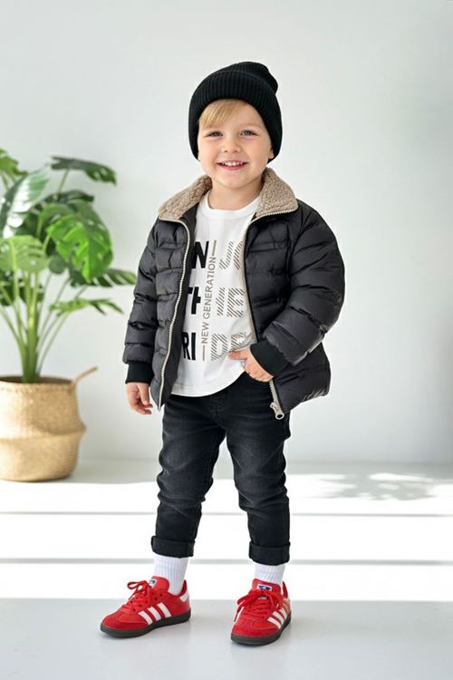 Miniğimin Cicileri Kürklü Mont Detaylı Erkek Çocuk 3 lü Takım - Siyah