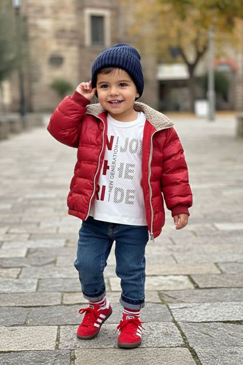 Miniğimin Cicileri Kürklü Mont Detaylı Erkek Çocuk 3 lü Takım - Kırmızı