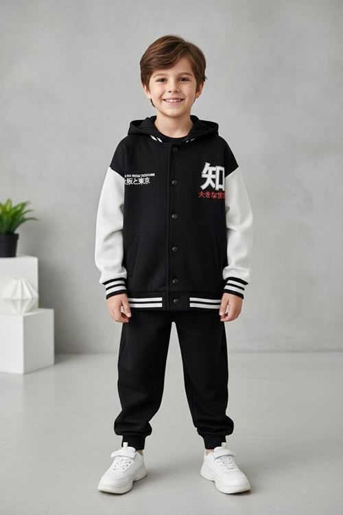 Miniğimin Cicileri Ejderha Baskılı Erkek Çocuk Kışlık Kolej Ceket - Siyah