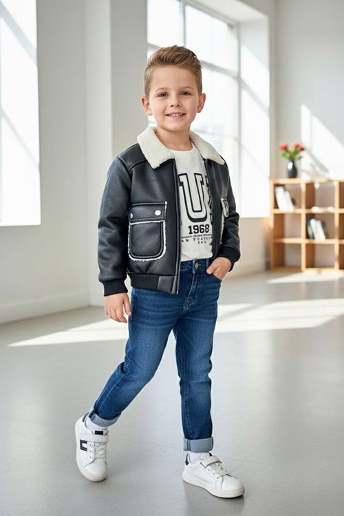 Miniğimin Cicileri Deri Kürklü Cepli Montlu Run Baskı 3 Lü Erkek Çocuk Takım - Mavi