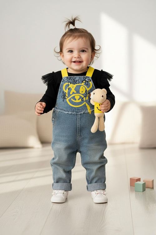 Miniğimin Cicileri (9-24 Ay) Ayıcık Detaylı Kız Çocuk Koy Salopetli Takım - Mavi